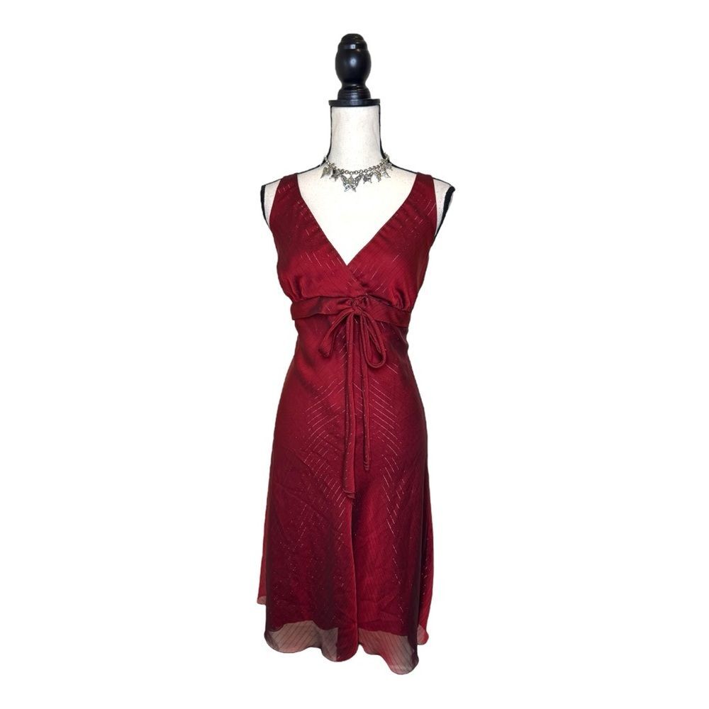 Y2K Bisou Bisou Deep Red Pinstripe Midi Bow Dress Size 10